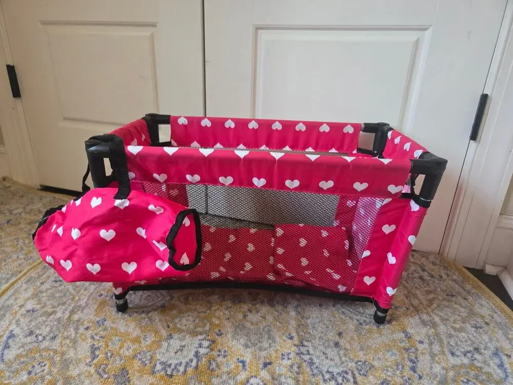 New York Doll Collection Fold N Store Doll Pack N Play Heart Pink Bed